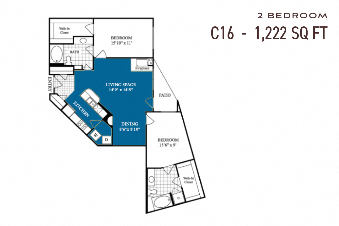 Floor plan for 2 beds, 2 baths, 1222 sqft